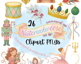 Nutcrackercore Christmas Clipart Set | Pastel Ballet & Nutcracker Watercolor PNGs | Ballerina, Toy Soldier, Holiday Digital Art