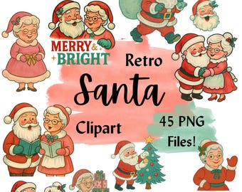May include: A collection of retro Santa Claus clipart images. The illustrations feature Santa Claus and Mrs. Claus in various poses, with a Christmas tree, gifts, and candy canes. The text "Merry & Bright" and "Retro Santa Clipart" are included.