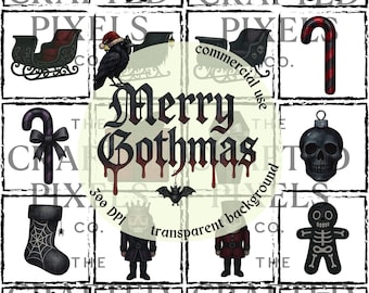 Gothic Christmas Clipart Bundle, 40 Gothmas PNGs, Dark Holiday Watercolor Art