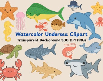Aquarell Meer Leben Clipart-Set | Unterwasser Clipart | Unter dem Meer | 31 PNG Unterwasser Kreaturen | Haie, Wale & Fische | 300 DPI Transparent