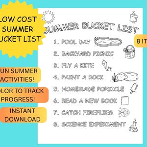 Kids Summer Bucket List Printable - Fun Summer Activities Checklist for Kids - Instant Download - Summer Boredom Buster Chart
