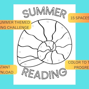 Op de afbeelding: Zwart-wit printbare leesuitdaging met een schelpmotief. De tekst bevat "Summer Reading", "Fun Summer Themed Reading Challenge", "Color to Track Progress" en "Instant Download".