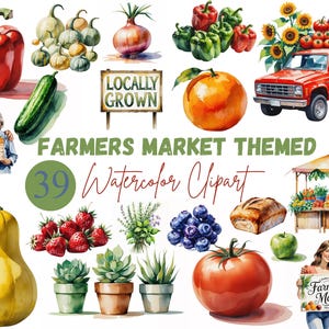 Watercolor Farmers Market Clipart | Rustic Farm Stand & Fresh Produce PNGs | Locally Grown Sign | Fruit and Vegetable Clipart