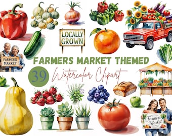 Watercolor Farmers Market Clipart | Rustic Farm Stand & Fresh Produce PNGs | Locally Grown Sign | Fruit and Vegetable Clipart