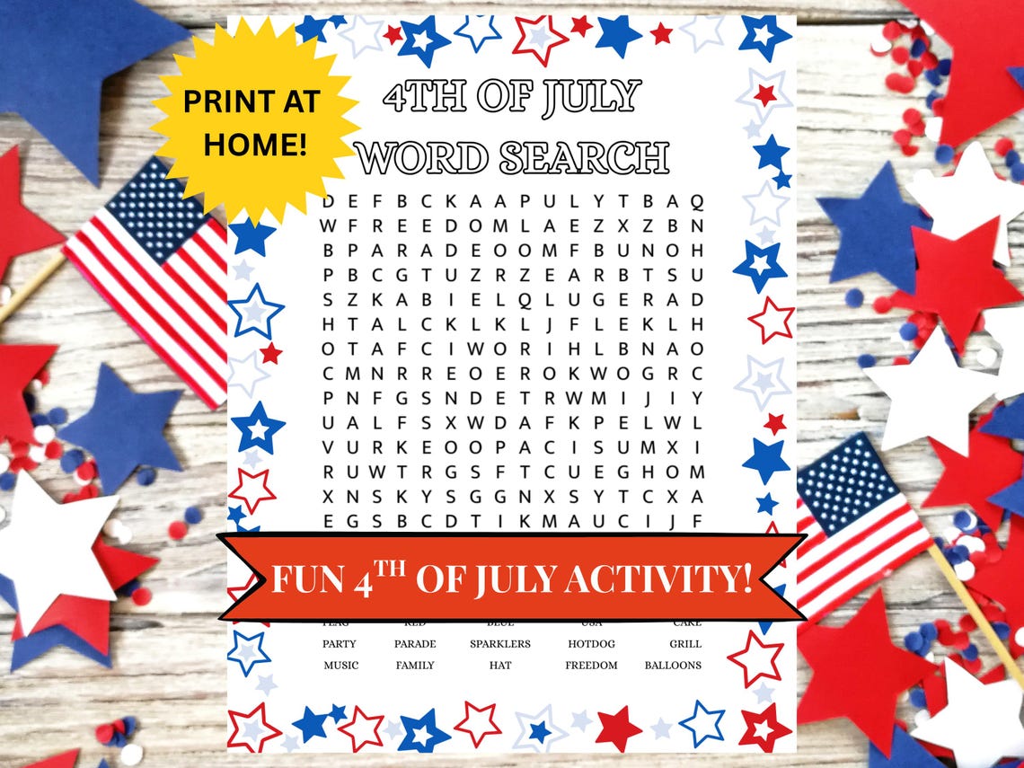 4th of July Word Search Printable for Kids - Independence Day Activity