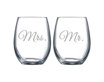 Mr. and Mrs. Stemless Wine Glasses