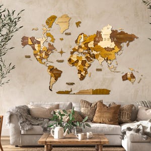 Mapa del mundo de madera en 3D (roble medianoche), mapa de madera para decoración de pared, regalo del quinto aniversario para parejas, regalo para viajeros del mundo, mapa de la oficina y el hogar