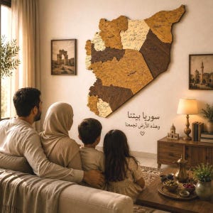 Pode incluir: Um mapa de madeira da Síria, em tons de castanho e bege, montado na parede. O mapa é dividido em regiões, cada uma rotulada com texto árabe. Uma família está sentada em um sofá, olhando para o mapa.