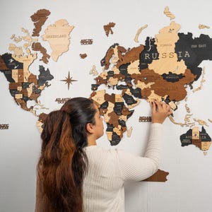 3D Wooden World Map - Black Obsidian Travel Decor - Push Pin Adventure Map