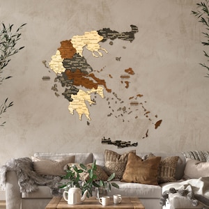Carte 3D en Bois de la Grèce – Fait Main | Décoration Murale | Cadeau de 5e Anniversaire pour Couples | Souvenir de la Grèce.