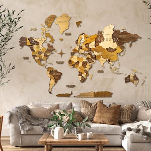 3D Wooden World Map (Midnight Oak), Wood Map Travel Wall Décor, 5th Anniversary Gift for Couples, World Traveler Gift, Office & Home Map