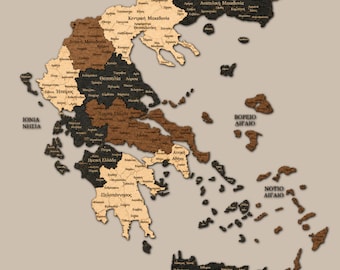 Greece 3D Wooden Map Wall Art in black and brown tones – Handcrafted Black & Brown Wood Map, Mediterranean Home Decor, Gift, 5th anniversary