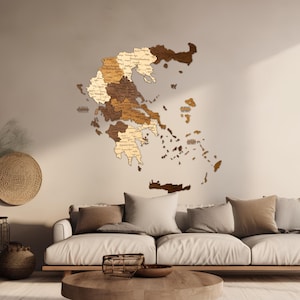 Mapa 3D de Grecia en madera – Decoración de pared artesanal – Regalo 5º aniversario – Recuerdo de Grecia – Mapa para casa u oficina