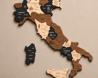 Italy 3D Wooden Map Wall Art – Handcrafted Black & Brown Italy Wood Map, Mediterranean Home Decor, Italian Travel Gift, 5th Anniversary.