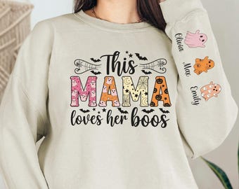 Aangepaste Halloween Mama-sweatshirt, This Mama Loves Her Boos-sweatshirt, Halloween Mama-hoodie, Halloween-moedercadeau, gepersonaliseerd Spooky Mama