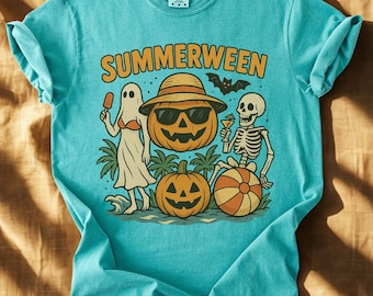 Camisa Summerween con colores cómodos – Divertida camiseta playera de Halloween – Camisa de calabaza fantasma con esqueleto – Vibras veraniegas retro y espeluznantes