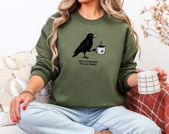 Gildan Hello Darkness My Old Friend Hoodie, Raven Coffee Sweatshirt, Funny Goth Crow Graphic Hoodie, Halloween Fall Coffee Lover Gift