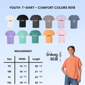 May include: A selection of youth Comfort Colors 9018 t-shirts in various colors, including white, black, and blue jean. The image also displays a size chart with measurements in inches. A young person is wearing an orange t-shirt.