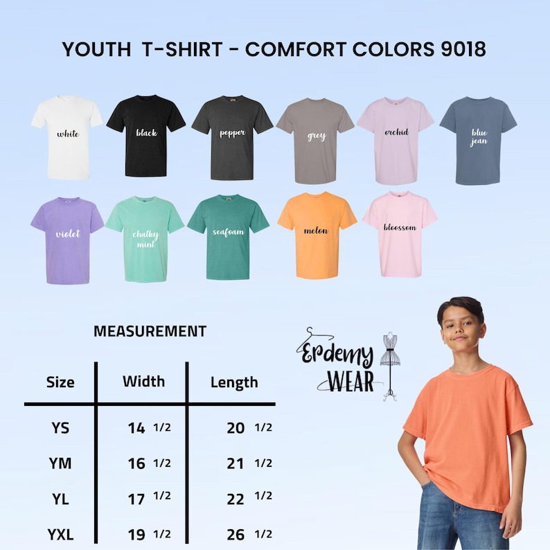 May include: A selection of youth Comfort Colors 9018 t-shirts in various colors, including white, black, and blue jean. The image also displays a size chart with measurements in inches. A young person is wearing an orange t-shirt.