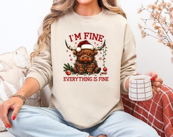 クリスマスライトカウスウェットシャツ、クリスマスカウシャツ、おもしろ動物シャツ、クリスマスハイランドカウクルーネック、クリスマスシャツ、クリスマスギフト