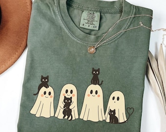 Comfort Colors® Halloween svart katt & spökeskjorta, Halloween spökskjorta, läskig säsongskatt-t-shirt, söt Halloween-outfit för kvinnor, Halloween-present