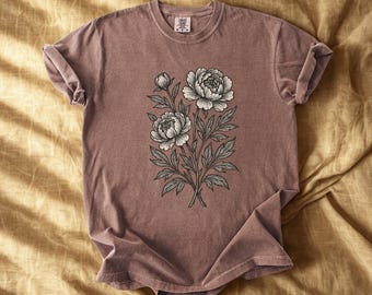Camiseta botánica Comfort Colors®, camiseta vintage con peonía en linóleo, camiseta floral con estampado de bloques cottagecore, sello bohemio de flores xilográficas