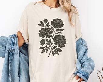 Comfort Colors® Linocut Flower Vintage Style Tshirt, Retro Block Print Peonies Shirt,Ranunculas Woodcut Stamp Tee,Cottagecore Boho Botanical