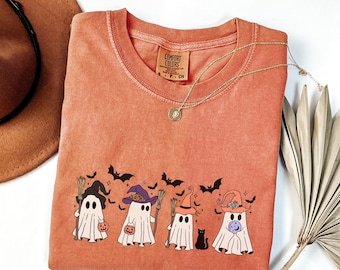 Comfort Colors® Halloween svart katt och spöke, Halloween spöke-t-shirt, läskig säsongskatt-tröja, söt Halloween-outfit för kvinnor, Halloween-present