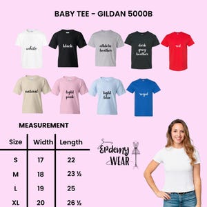 May include: A selection of baby t-shirts in various colors, including white, black, red, and blue. The image also displays a size chart with measurements in inches for width and length. The brand name "Erdemy Wear" is visible.