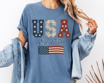 Camisa Comfort Colors® EUA Est. 1776, camiseta patriótica vintage, camiseta com estampa da bandeira americana, camiseta de 4 de julho, presente retrô do Dia da Independência, camiseta do Orgulho dos EUA