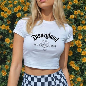 May include: White crop top with the word "Disneyland" in a script font, along with a Mickey Mouse graphic and the text "EST. 1955". The top is paired with a black and white checkered skirt.