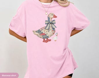 Comfort Colors® Faux Patchwork Grandmacore Goose Shirt, floral retro coquette duck shirt, cottagecore gingham spring tee,Easter graphic tee