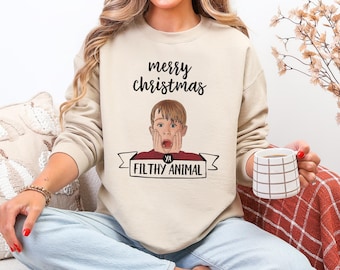 Merry Christmas Ya Filthy Animal Sweatshirt, Home Alone Movie Xmas Sweater, Funny Holiday Pullover, Cozy Christmas Gift for Her Him