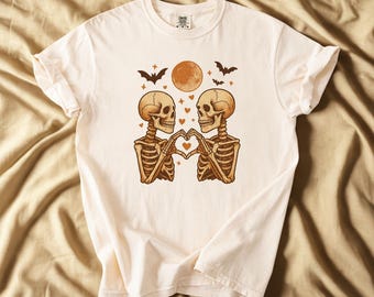 Comfort Colors® Skeleton Couple Shirt, Spooky Love Halloween Tee, Gothic Valentine Shirt, Matching Skeletons Tee, Cute Halloween Couple Top