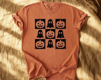 Camisa de Halloween a cuadros Comfort Colors®, Camisa de fantasma a cuadros, Camisa de calabaza a cuadros, Camisa de Halloween, Camisa retro de Halloween, Camiseta de otoño