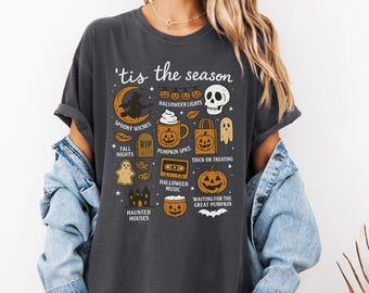 Maglietta vintage di Halloween Comfort Colors®, Tis' the Season, Estetica retrò di Halloween, Maglietta da donna di Halloween, Maglietta grafica con strega zucca