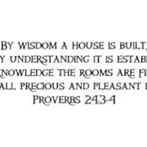 May include: A black and white image with a quote from Proverbs 24:3-4. The quote reads: "By wisdom a house is built, and by understanding it is established, by knowledge the rooms are filled with all precious and pleasant riches."