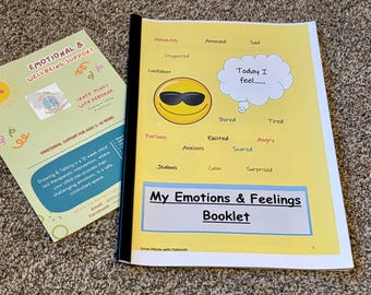 Puede incluir: Un folleto amarillo con el título "My Emotions & Feelings Booklet" y una cara de dibujos animados con gafas de sol. El folleto tiene una lista de emociones, incluyendo "Amazing", "Disgusted", "Confident", "Annoyed", "Sad", "Furious", "Bored", "Tired", "Excited", "Angry", "Anxious", "Scared", "Jealous", "Calm", y "Surprised".