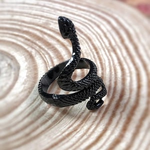 Könnte beinhalten: Ein schwarzer Schlangenring mit einem detaillierten Design. Der Ring ist aus Metall und hat eine strukturierte Oberfläche.