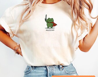 Huzzah Frog with Sword Tee, Embroidered Medieval Frog Shirt, Comfort Colors 1717, Funny DnD T-Shirt, Renaissance Faire Frog Gift