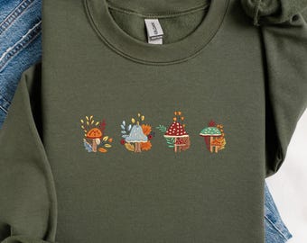 Fall Mushroom Embroidered Sweatshirt, Whimsical Autumn Forest Pullover for Nature Lovers, Cozy Dark Chocolate Crewneck