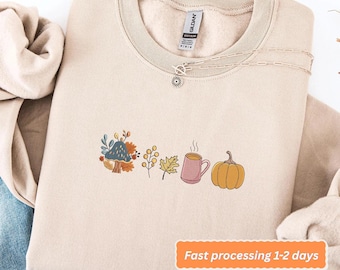 Minimalist Fall Embroidered Sweatshirt | Mushroom Pumpkin Coffee Crewneck | Cozy Autumn Aesthetic Pullover
