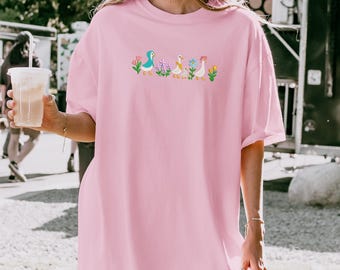Goose Embroidered Tee | Funny Floral Shirt for Women | Summer Goose Shirt | Comfort Colors Unisex Embroidery Gift