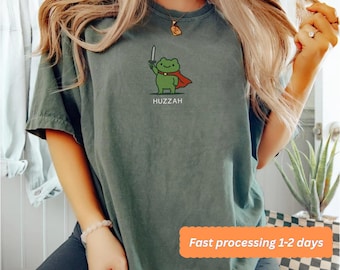 Huzzah Frog with Sword Tee, Embroidered Medieval Frog Shirt, Comfort Colors 1717, Funny DnD T-Shirt, Renaissance Faire Frog Gift
