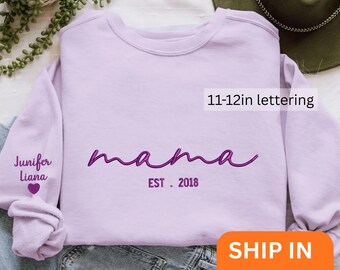 Custom Embroidered Mama Sweatshirt With Kids Names On Sleeve, Personalized Mom Embroidery Hoodie, Birthday Outfits, Baby Announcement