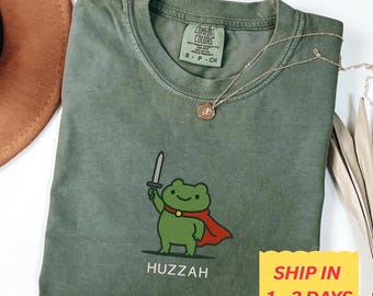 Huzzah Frog with Sword Tee, Embroidered Medieval Frog Shirt, Comfort Colors 1717, Funny DnD T-Shirt, Renaissance Faire Frog Gift