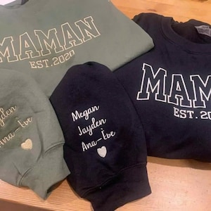 Custom Mama  Embroidered Sweatshirt With Names On Sleeve, Custom Embroidery Parents Hoodie, Matching New Mom and Dad Gift for Her