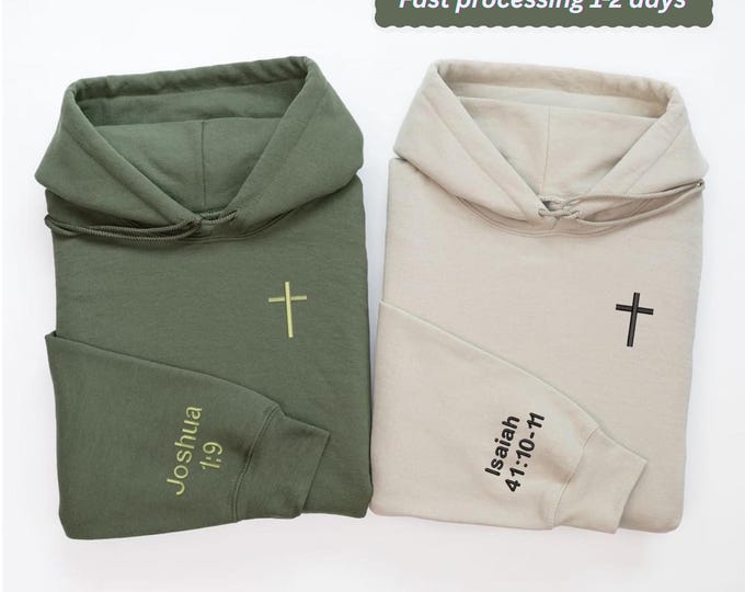 Custom Bible Verse Embroidered Sweatshirt or Hoodie – Personalized Christian Gift for Men & Women – Faith Apparel with Cross