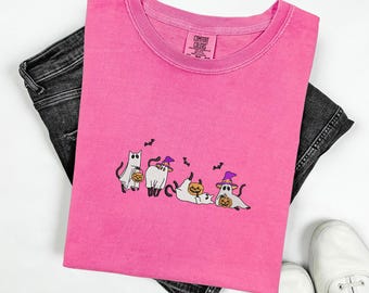 Halloween Cat Comfort Colors Tee Shirt Embroidered Ghost Cat Halloween Tshirt Funny Cute Spooky T-Shirt Fall Cozy Gift