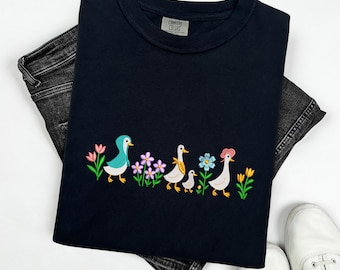 Floral Goose Embroidery Tee | Summer T-Shirt Embroidered | Comfort Colors Shirt | Funny Goose Top | Wildflower Shirt Gift